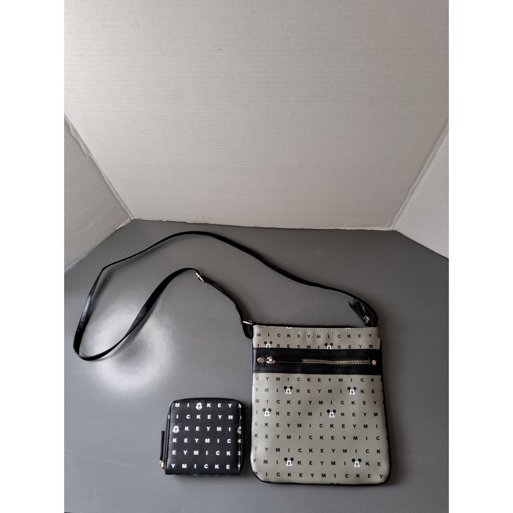 Disney Mickey Mouse Medium Gray Crossbody Bag & Small Black Wallet Set